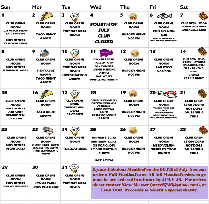 Orange Elks Lodge 1475 Calendar Current Month