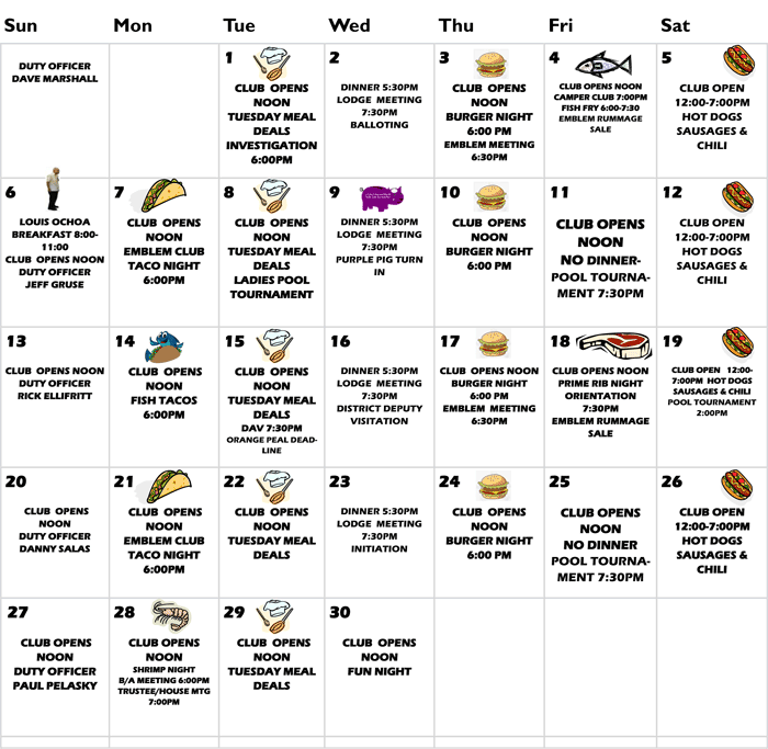 Orange Elks Lodge 1475 Calendar Current Month
